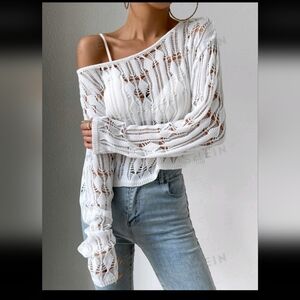 SheIn Prive Pointelle Knit Drop Shoulder Sweater, No Bra, XL